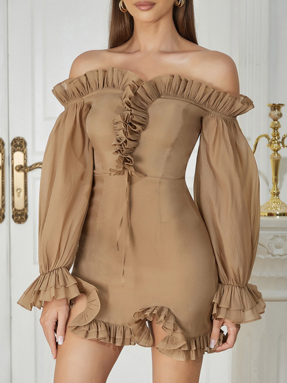 Kvinna Miniklänning Axelfri med Långa Ärmar och Ruffles Polyester 4