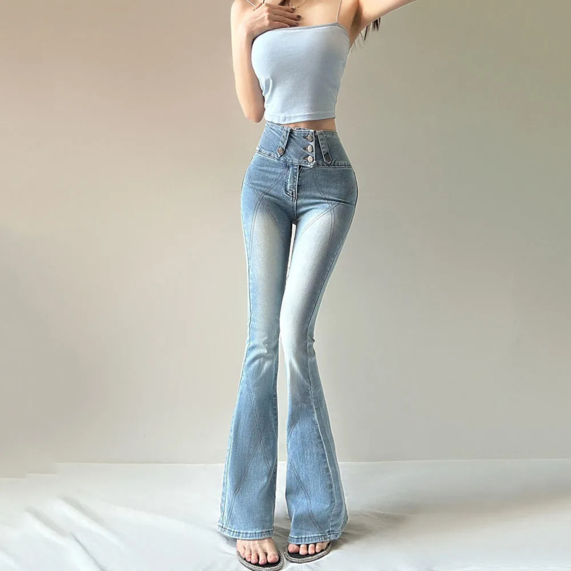 Dam Jeans Hög Midja Casual Schlagjeans i Mjuk Bomull-3
