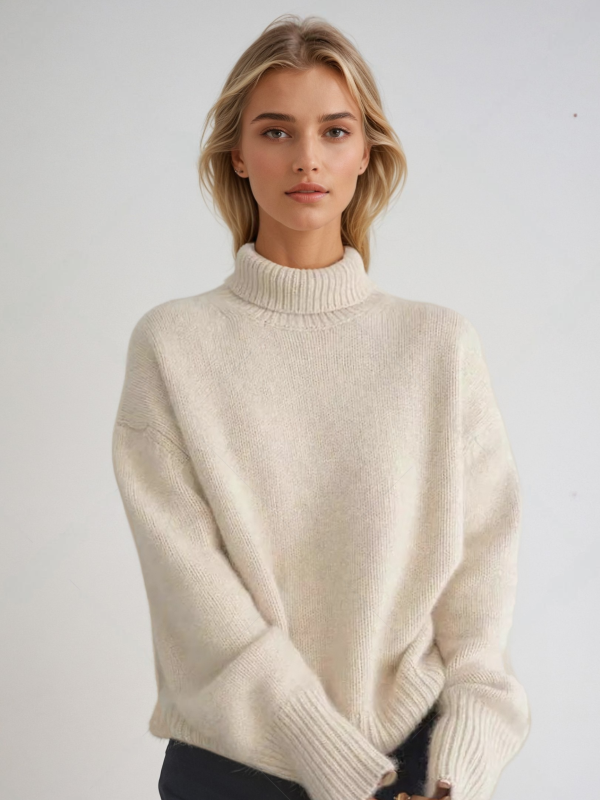 Stickad Dam Tröja Turtleneck Avslappnad Lyxig Tygkombination-2