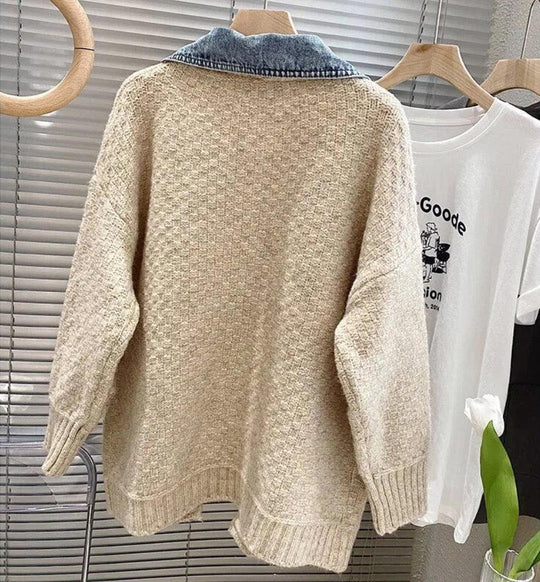 Dam Kofta Avslappnad Stil med Denimdetaljer Mjuk Tyg-2