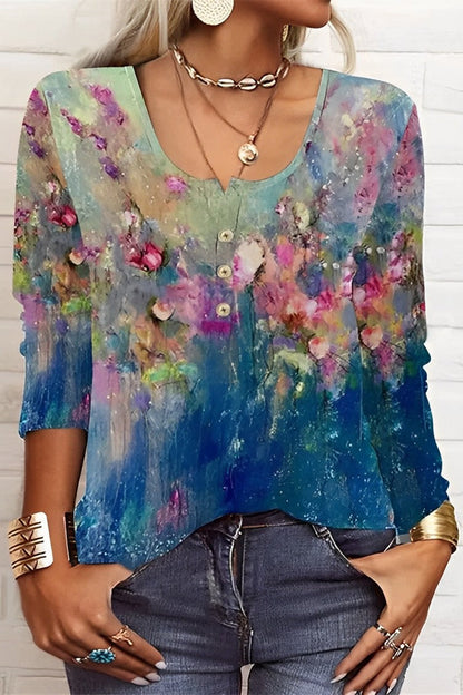 Dam Henley Topp Blommönster Lång Ärmar Mjuk Tyg-2