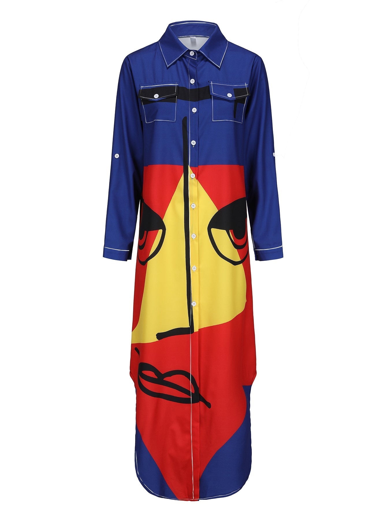 Damklänning Lång Ärmskjorta Midi Polyester med Krage och Mönster-3