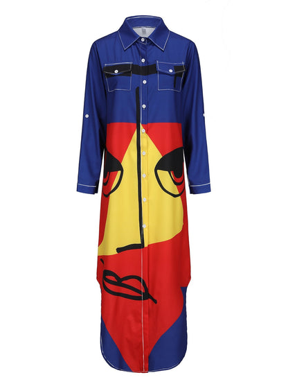 Damklänning Lång Ärmskjorta Midi Polyester med Krage och Mönster-3