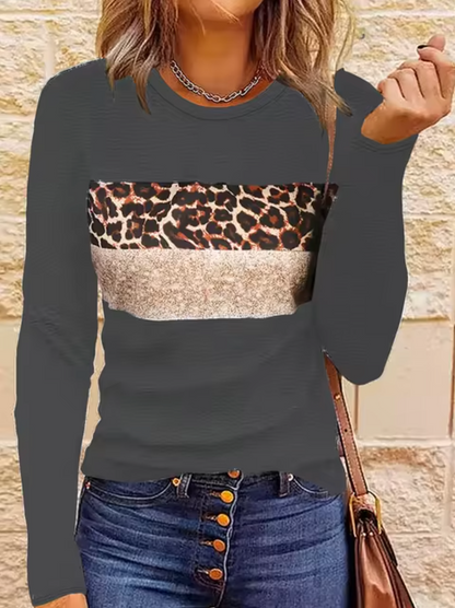 Dam Långärmad T Shirt Med Leopardmönster Mjuk Bomull-2