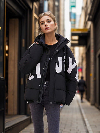 Dam Kort Bomullsjacka Tryckt Avslappnad Förtjockad-3