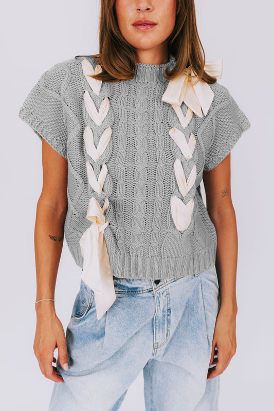 Dam Tröja Stickad Polyester med Dekorativa Stickband-1