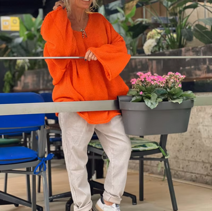 Stickad Dam Tröja Lös V-ringning Akrylblandning-3