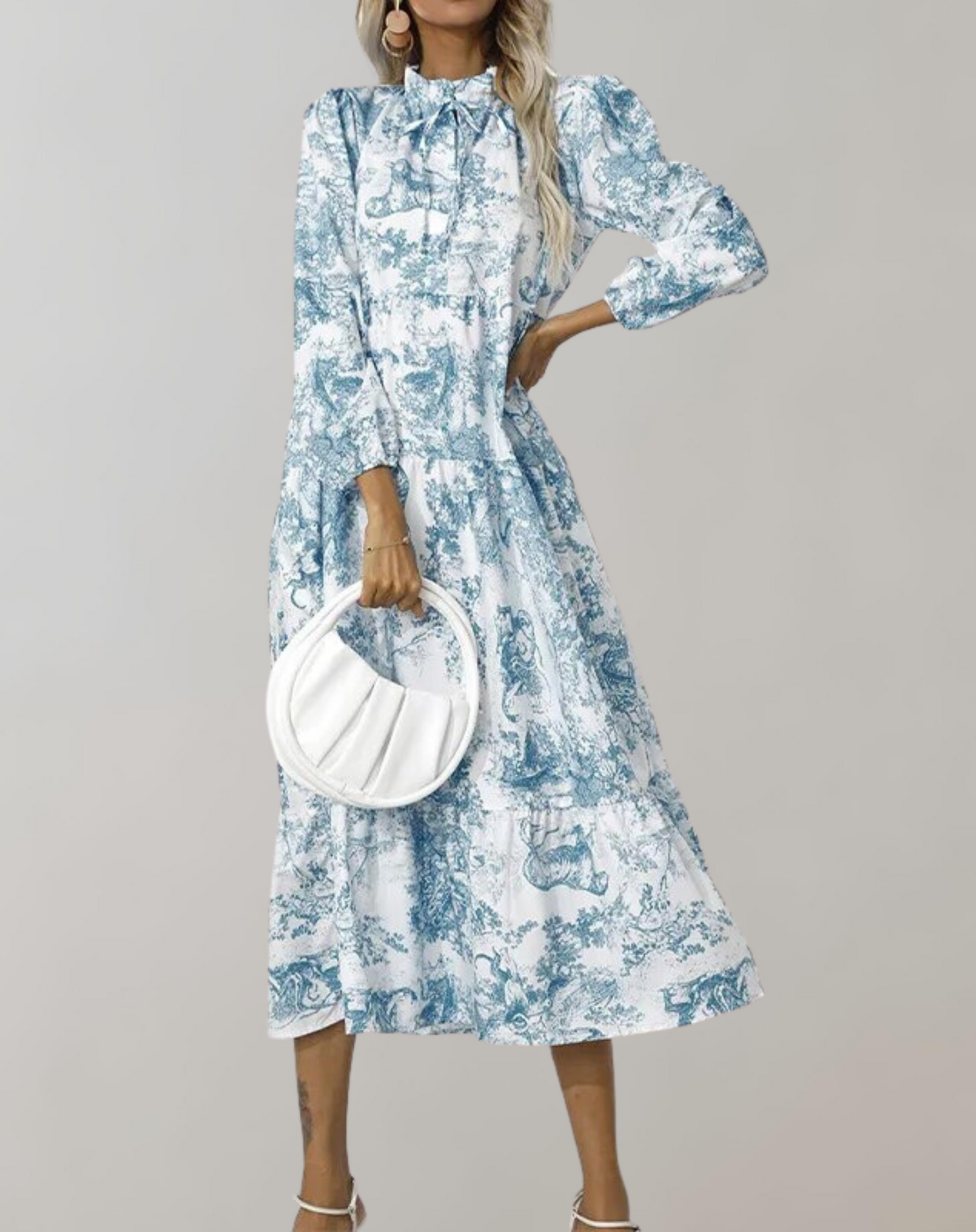 Kvinnlig Midi Klänning Blommönster Polyester Långa Ärmar-2