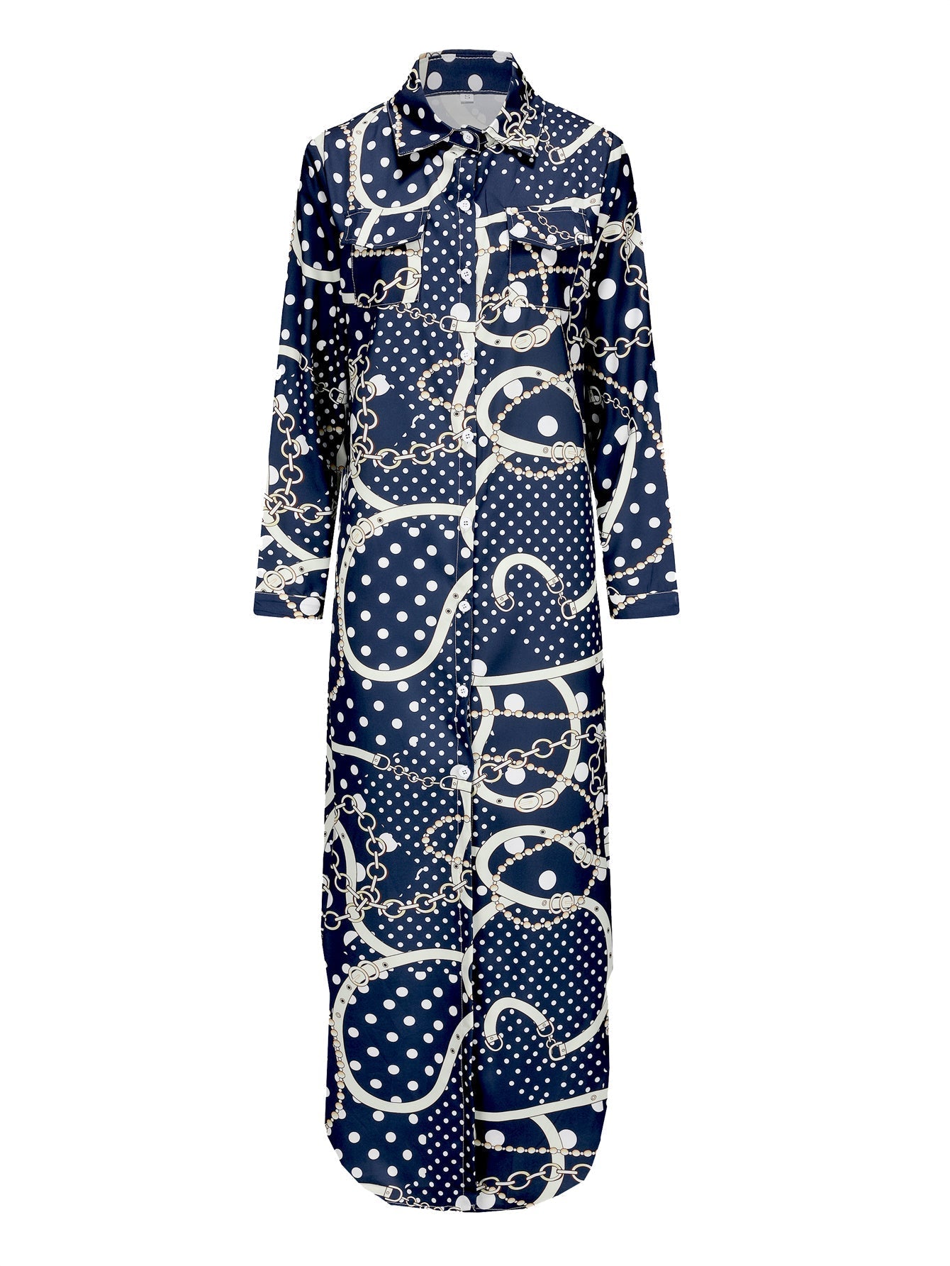 Damklänning med Krage Tryckt Polyester Långärmad Fina Dam Klänningar 3