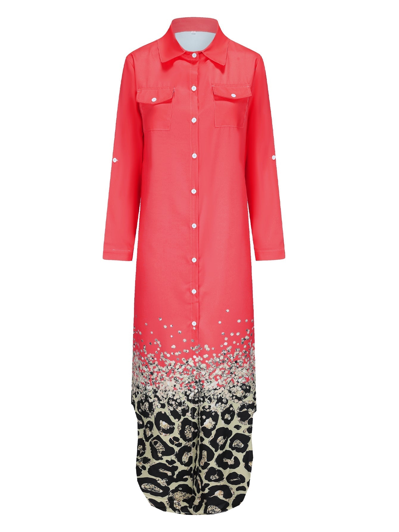 Kvinna Lång Klänning Skjortstil Polyester Leopardmönster-3