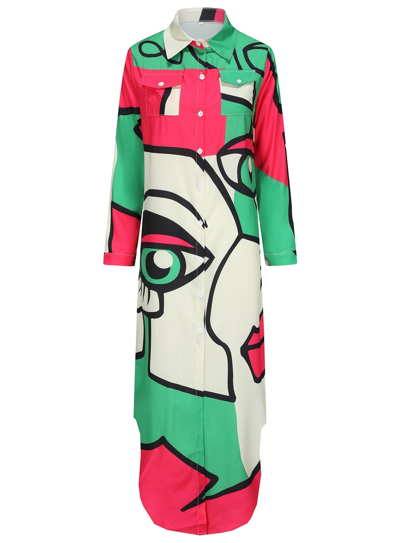 Dam Klänning Långärmad Skjortkrage Färgblock Polyester-4