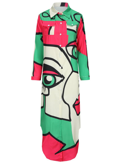 Dam Klänning Långärmad Skjortkrage Färgblock Polyester-4