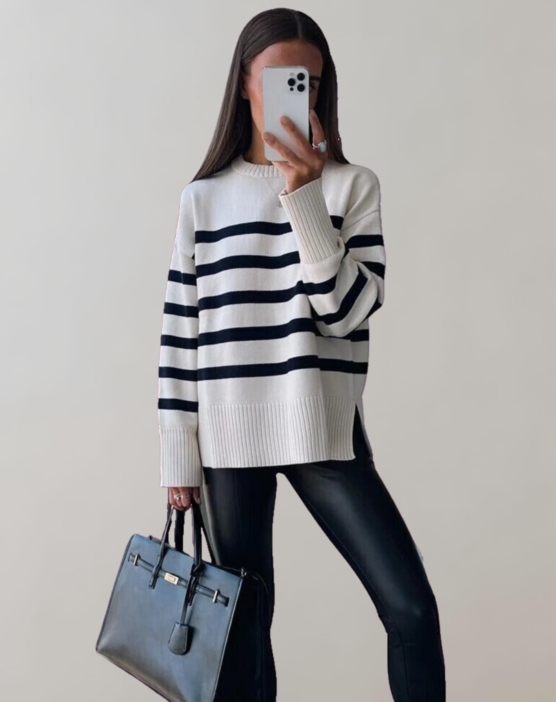 Dam Stickad Tröja Överdimensionerad Randig Tjockt Material-3