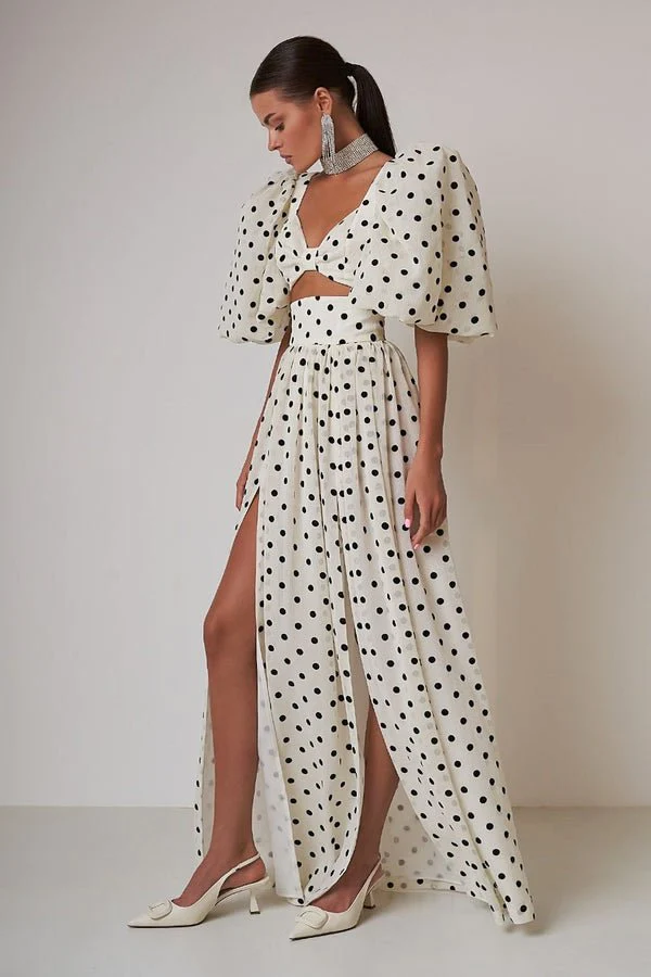 Högmidjad Polka Dot Kjol och Top Set för Dam - Stretchig Polyester, Perfekt för Sommarkläder 4