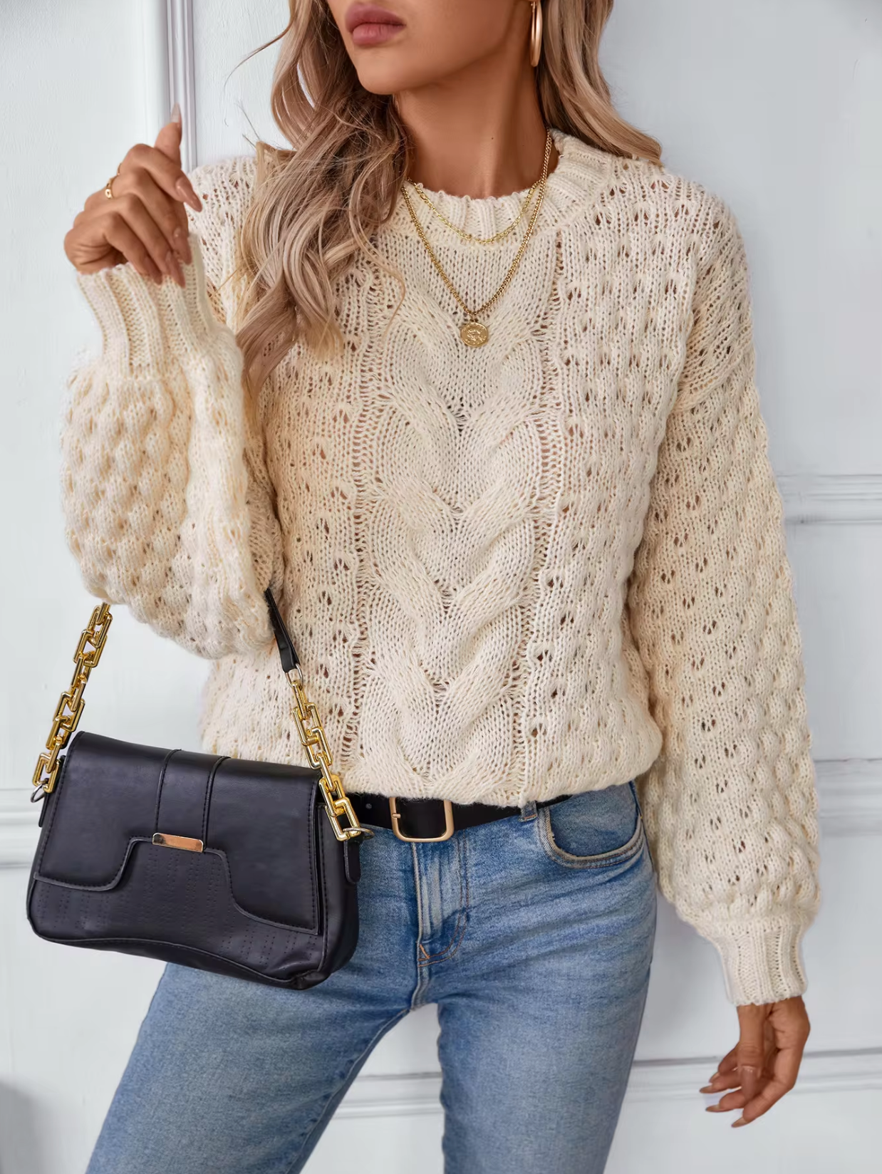 Dam Stickad Tröja Flätmönster Mjuk Akrylblandning Ballongärmar-3