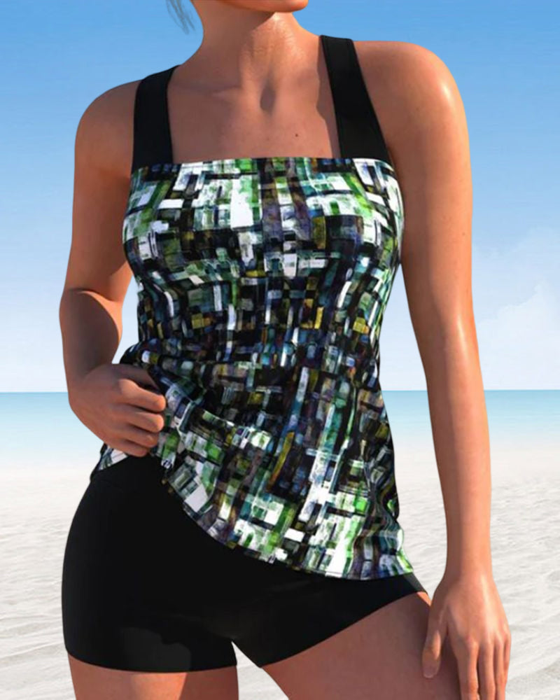 Dam Tankini Fyrkantig Halsringning Mönstrad Chinlon Elasthan-3