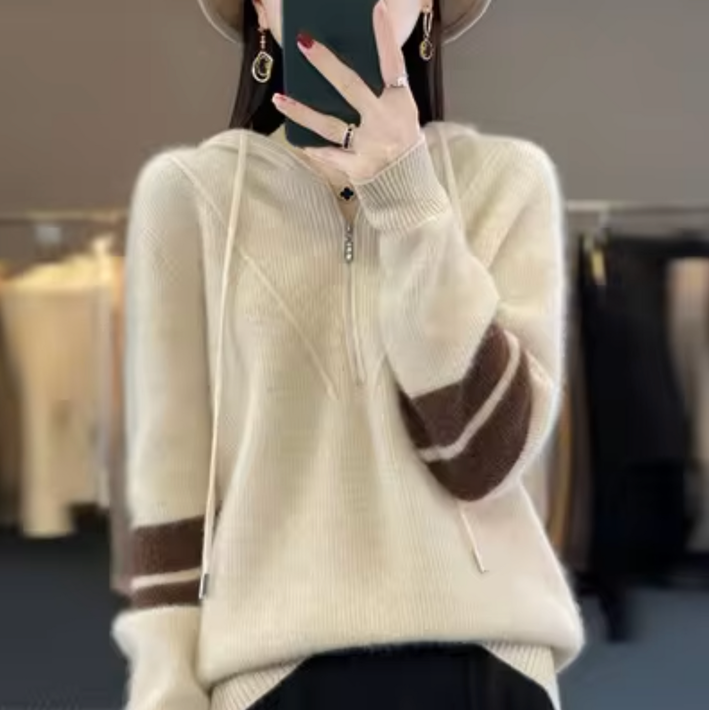 Kvinnors Hoodie Avslappnad Ull och Kashmir-3