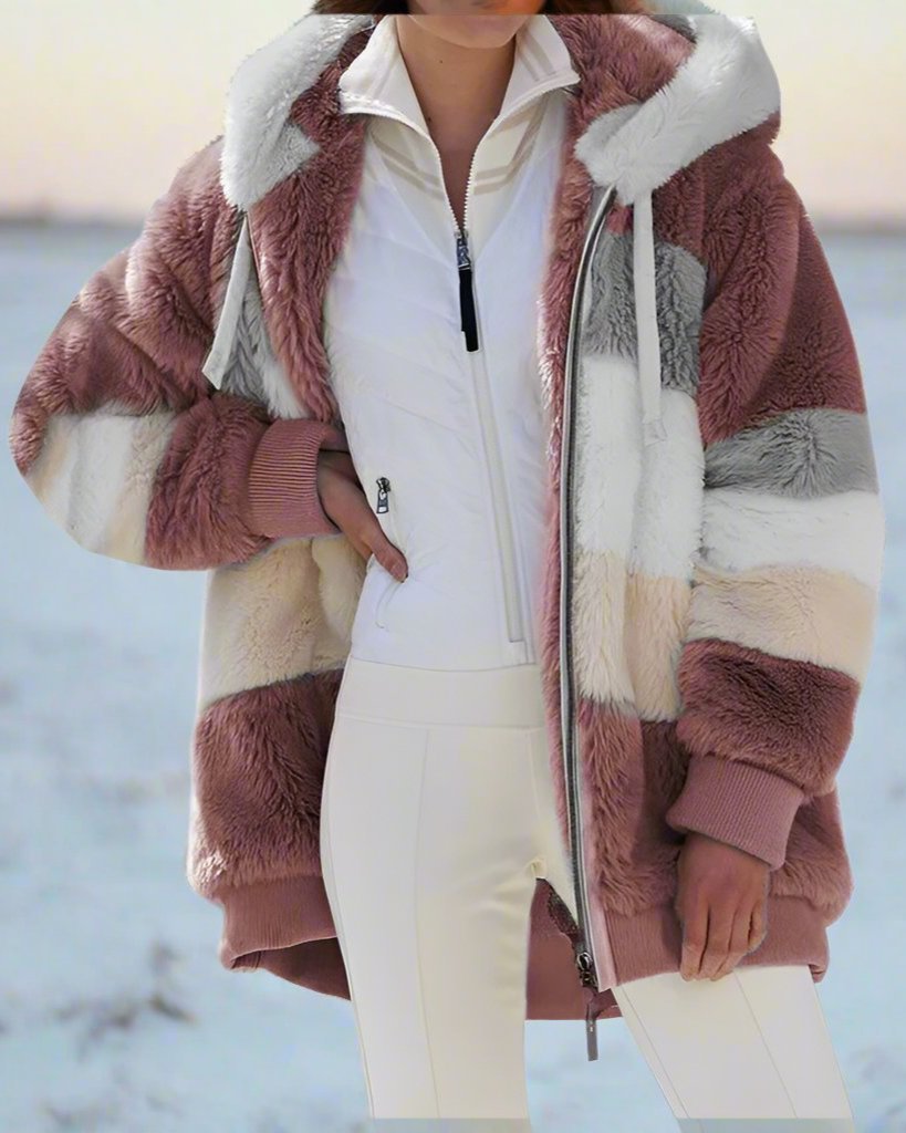 Variant image for Damjacka Plysch Avslappnad Passform Polyester-Ullblandning med Huva och Lapptäcksdesign-1