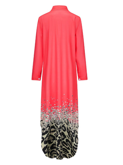 Kvinna Lång Klänning Skjortstil Polyester Leopardmönster-4