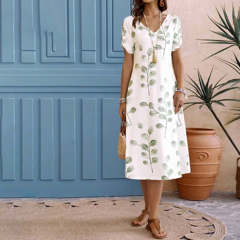 Fina Dam Klänningar V-hals Bladmönster Polyester Eleganta Sommarklänningar-2