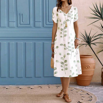Fina Dam Klänningar V-hals Bladmönster Polyester Eleganta Sommarklänningar-2