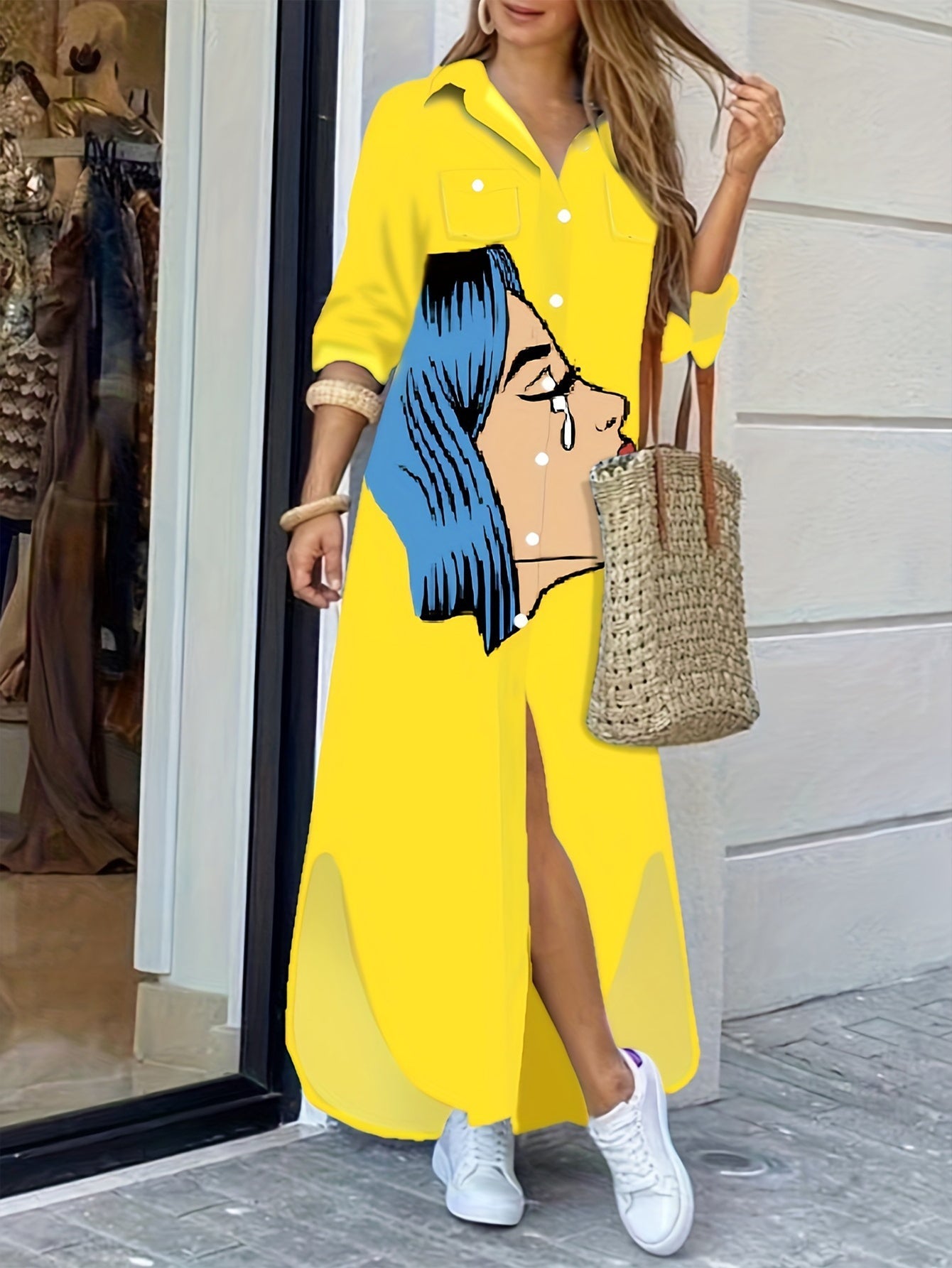 Variant image for Damklänning Midi Långärmad Polyester med Ansiktstryck och Skjortkrage-3