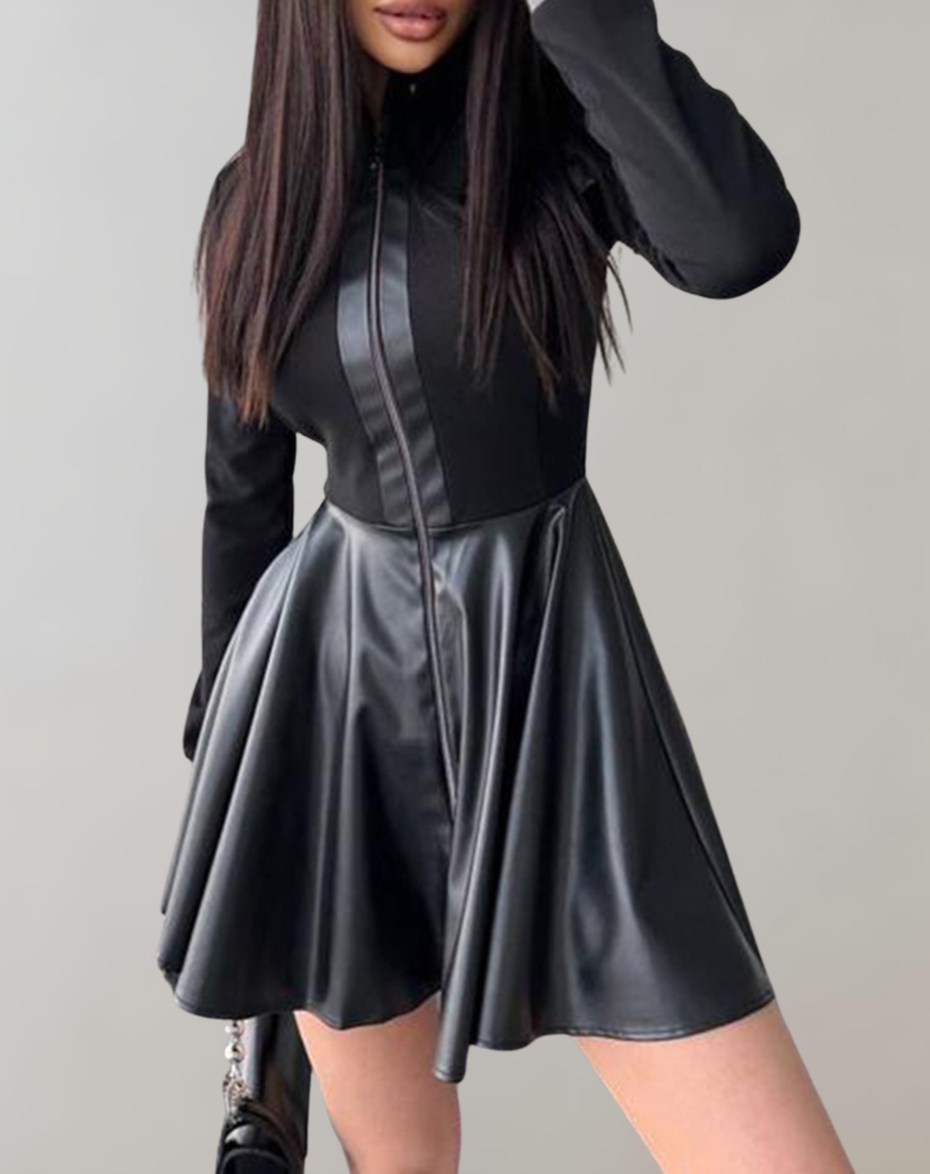 Dam Klänning Långärmad Läder Skräddarsydd Elegant 1