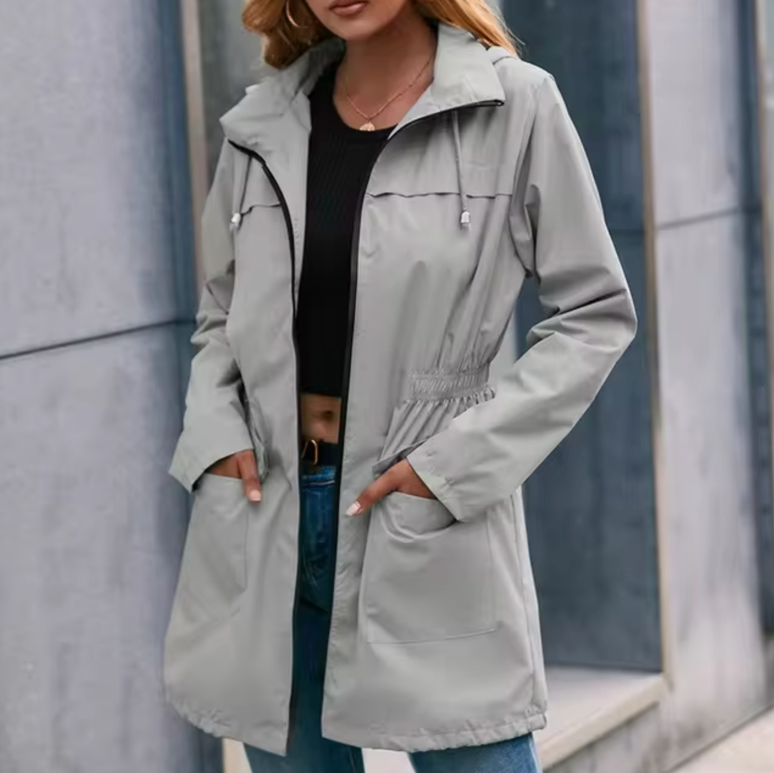 Damjacka Casual Halvlång med Huva Polyester för Utomhusaktiviteter-5