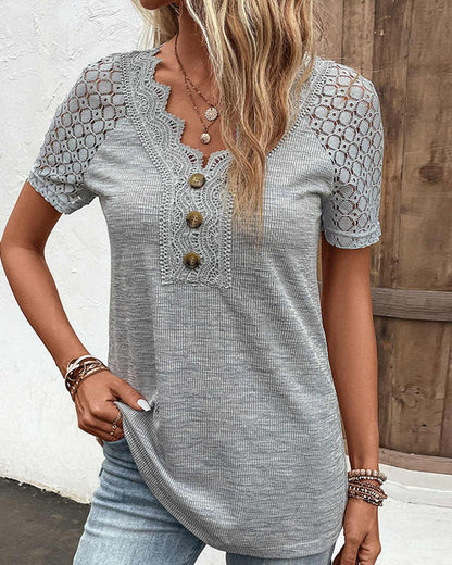 Kvinno Blus Kortärmad Spetsdetaljer Polyester Elastan-3