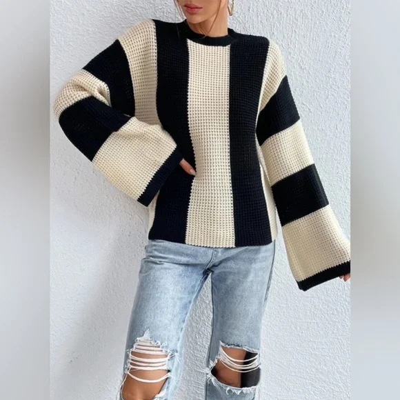 Stickad Dam Tröja Turtleneck Randig Mjukt Material-4