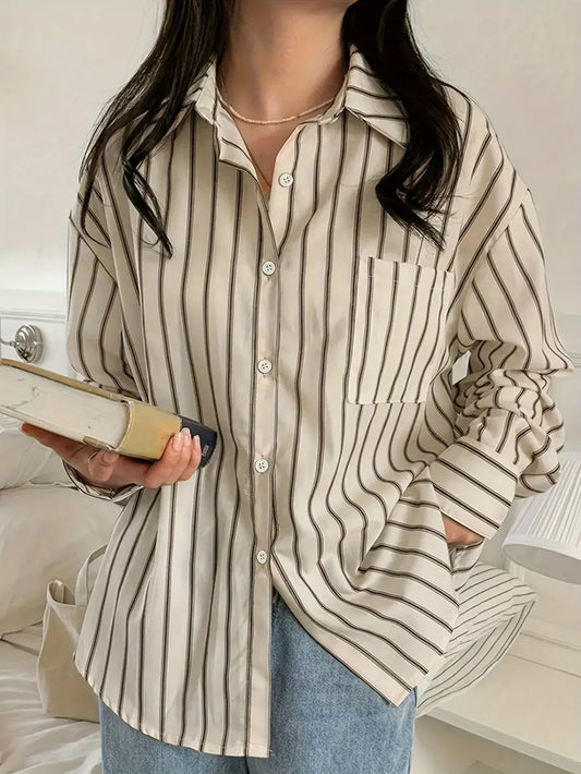 Kvinnors Skjorta Randig Knappstängning Mjukt Tyg-1