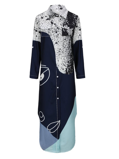 Damklänning Lång Ärmskjorta Midi Mönster Polyester-3