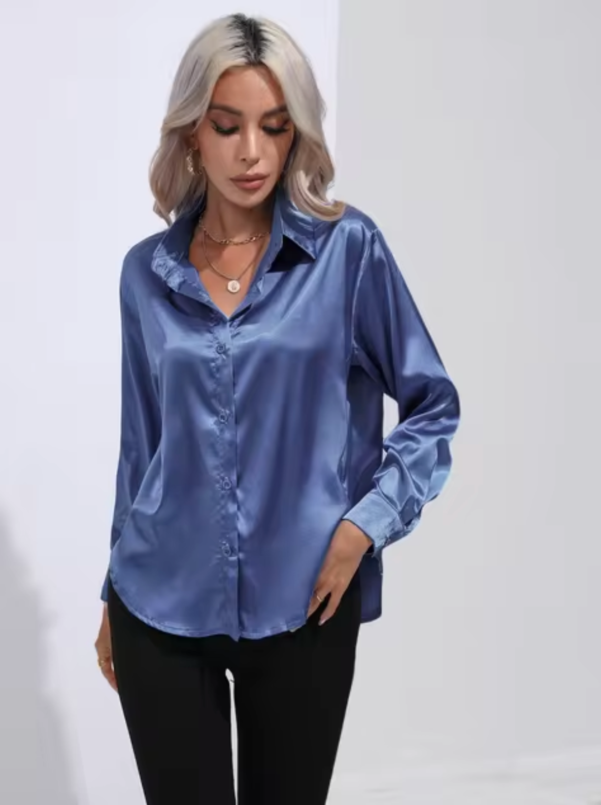 Variant image for Dam Blus Långärmad Satin Elegant V-Ringning-11