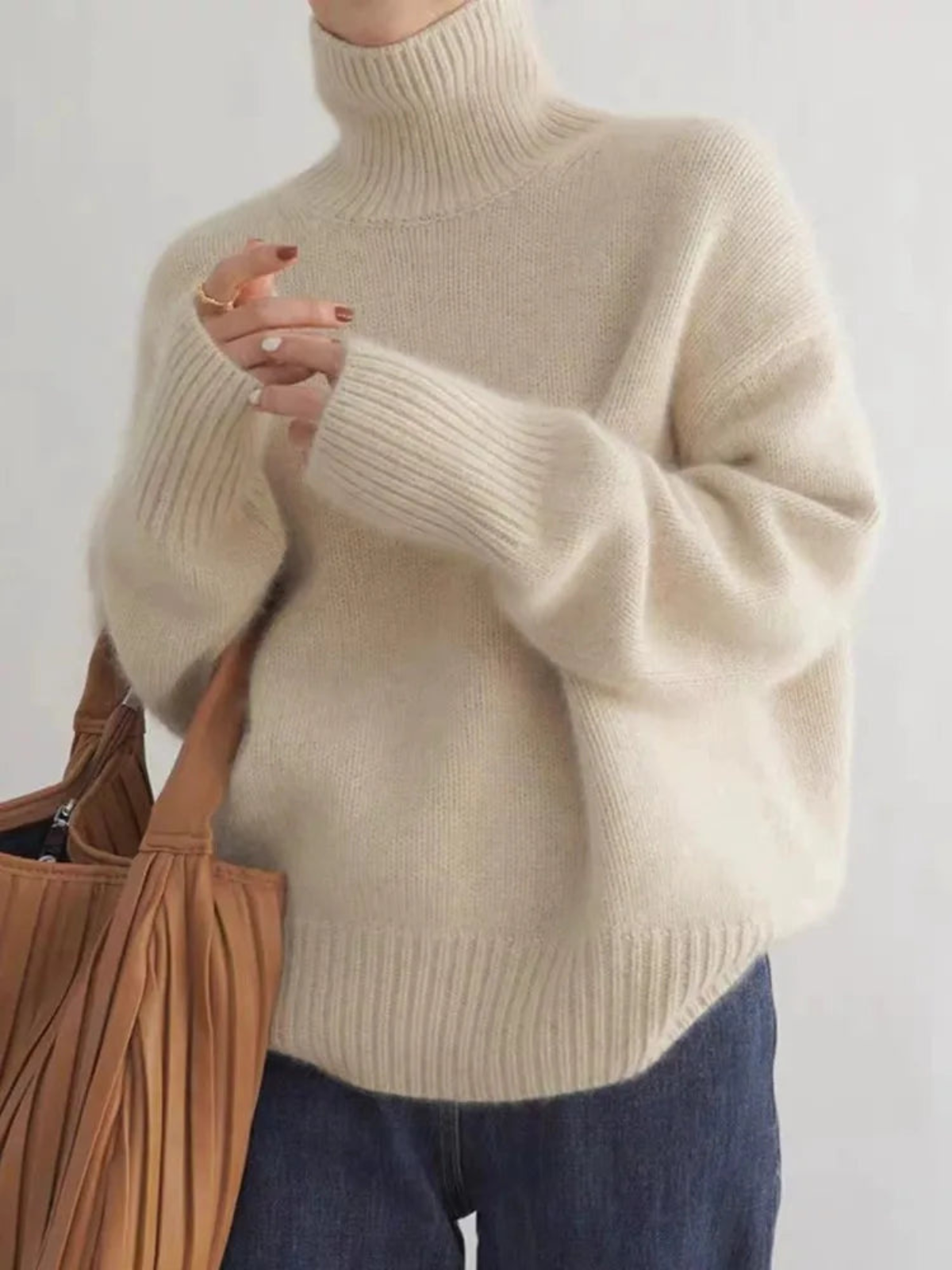 Stickad Dam Tröja Turtleneck Avslappnad Lyxig Tygkombination-3