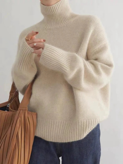 Stickad Dam Tröja Turtleneck Avslappnad Lyxig Tygkombination-3