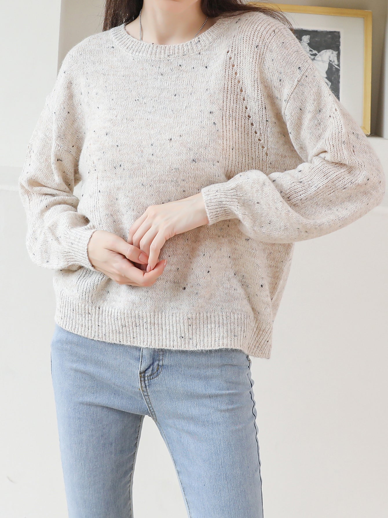 Dam Pullover Retro Design Mjuk Tygblandning-3