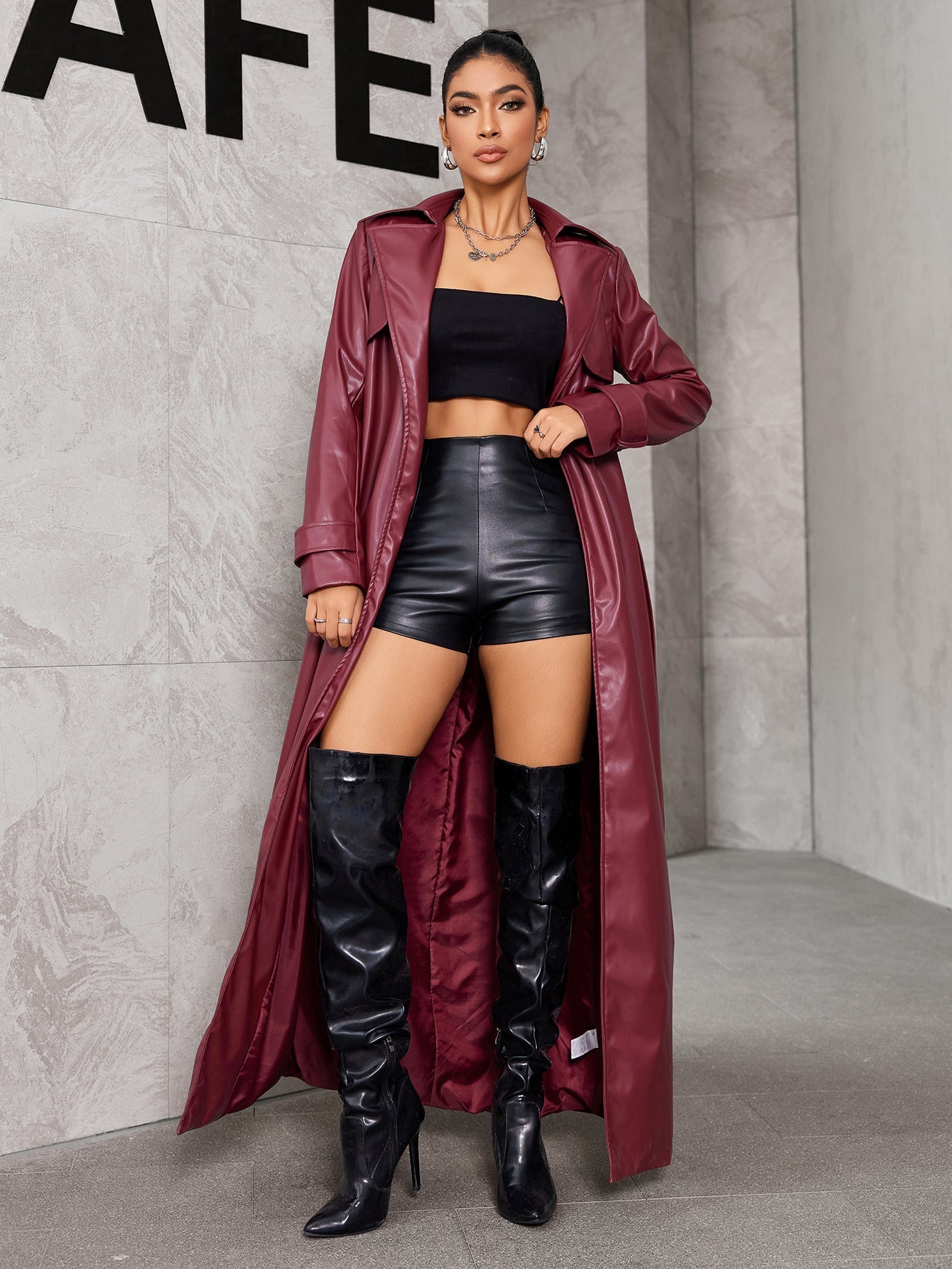 Dam Trenchcoat Lång Öppen Front PU Läder-3
