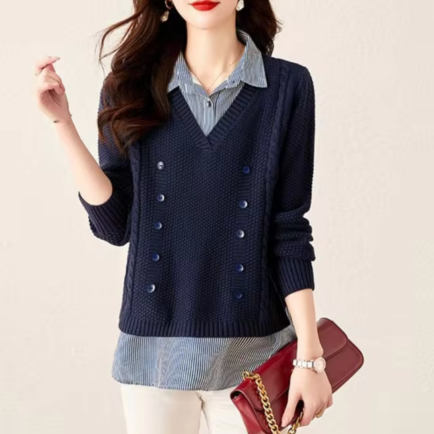 Stickad Dam Tröja V-ringning Krage Andningsbar Material 3