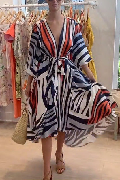 Damklänning V-ringning Lanternärm Bomull Polyester Fina Dam Klänningar-3