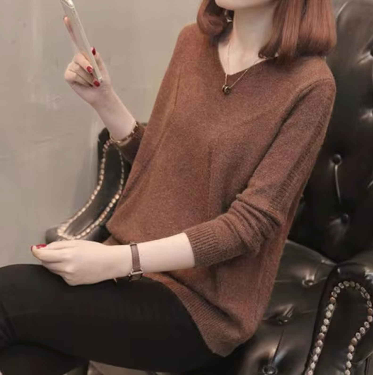 Dam Stickad Tröja Långärmad V-ringning Mjuk Kvalitet-5