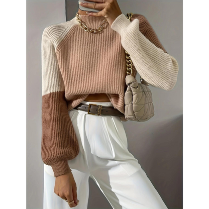 Dam Stickad Tröja Blockmönster Mjuk för Höst-1