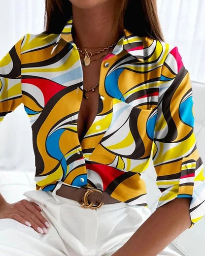 Dam Blus Figursydd Andningsbart Material med Tryckt Design 5