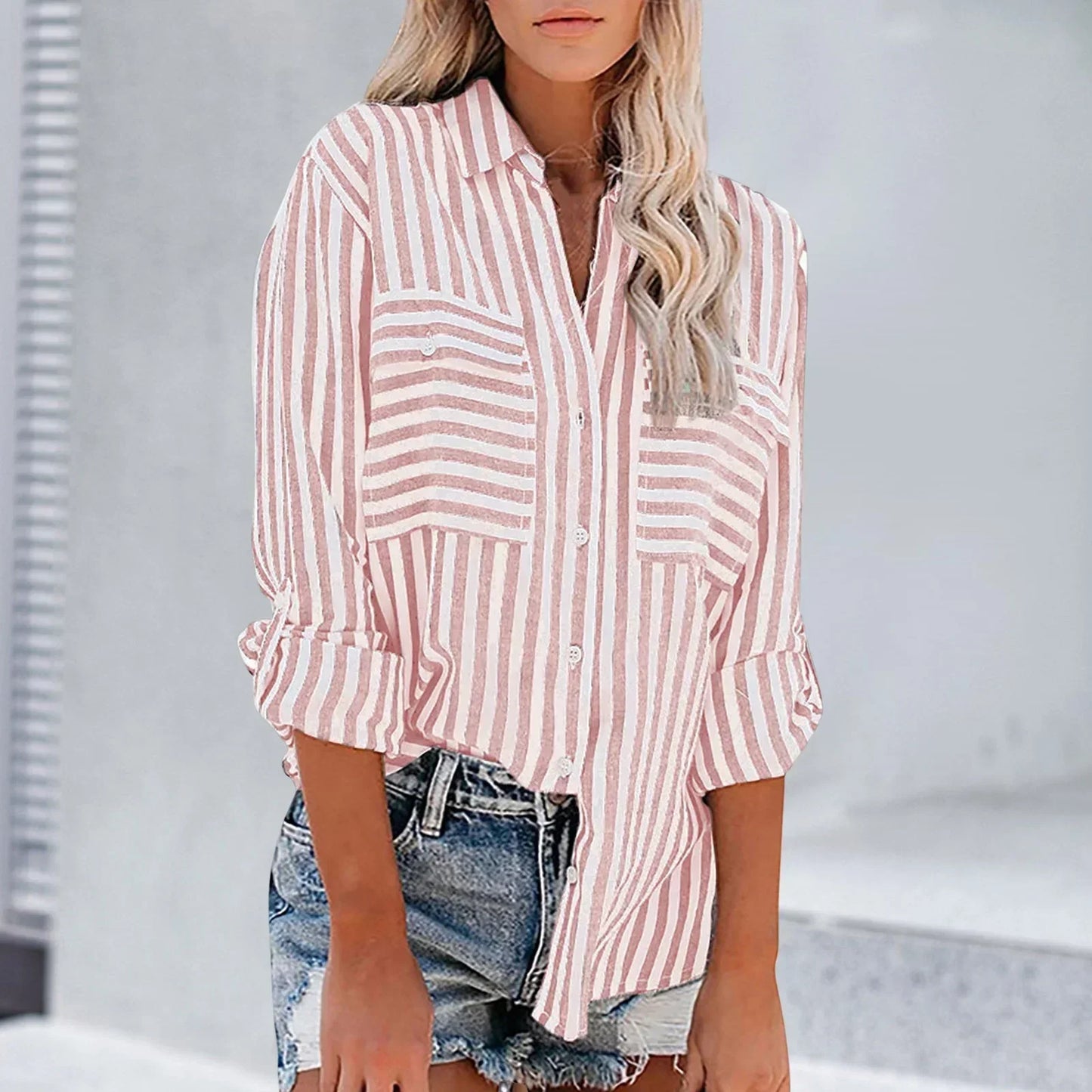 Dam Långärmad Skjorta Randig Högkvalitativt Material-4