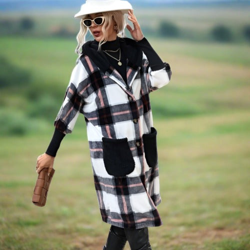 Dam Kappa Lång Rutigt Mönster Mjuk Tygblandning-4