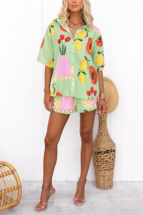 Dam Blus och Shorts Set med Tryck och Knäppning i Bomull och Polyester-3