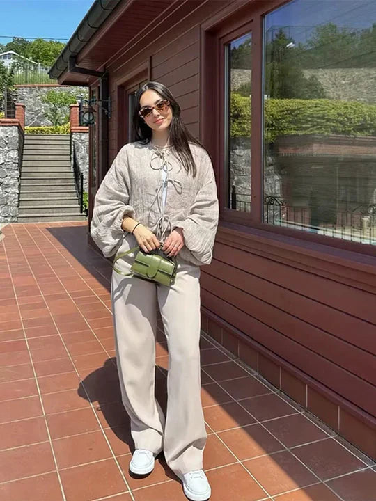 Dam Tröja med Snörning Mjuk Tyg Elegant Design-3