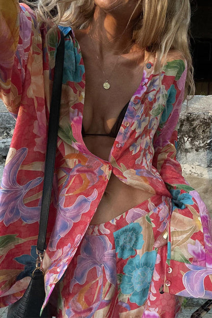 Dam Blus Lång Ärmar Blommönster Lätt Material-3