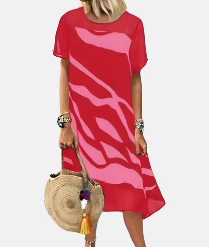 Abstrakt Damklänning i Bomullsblandning med V-Hals – Fina Damklänningar för Vår och Sommar, Svart/Röd/Vit 2