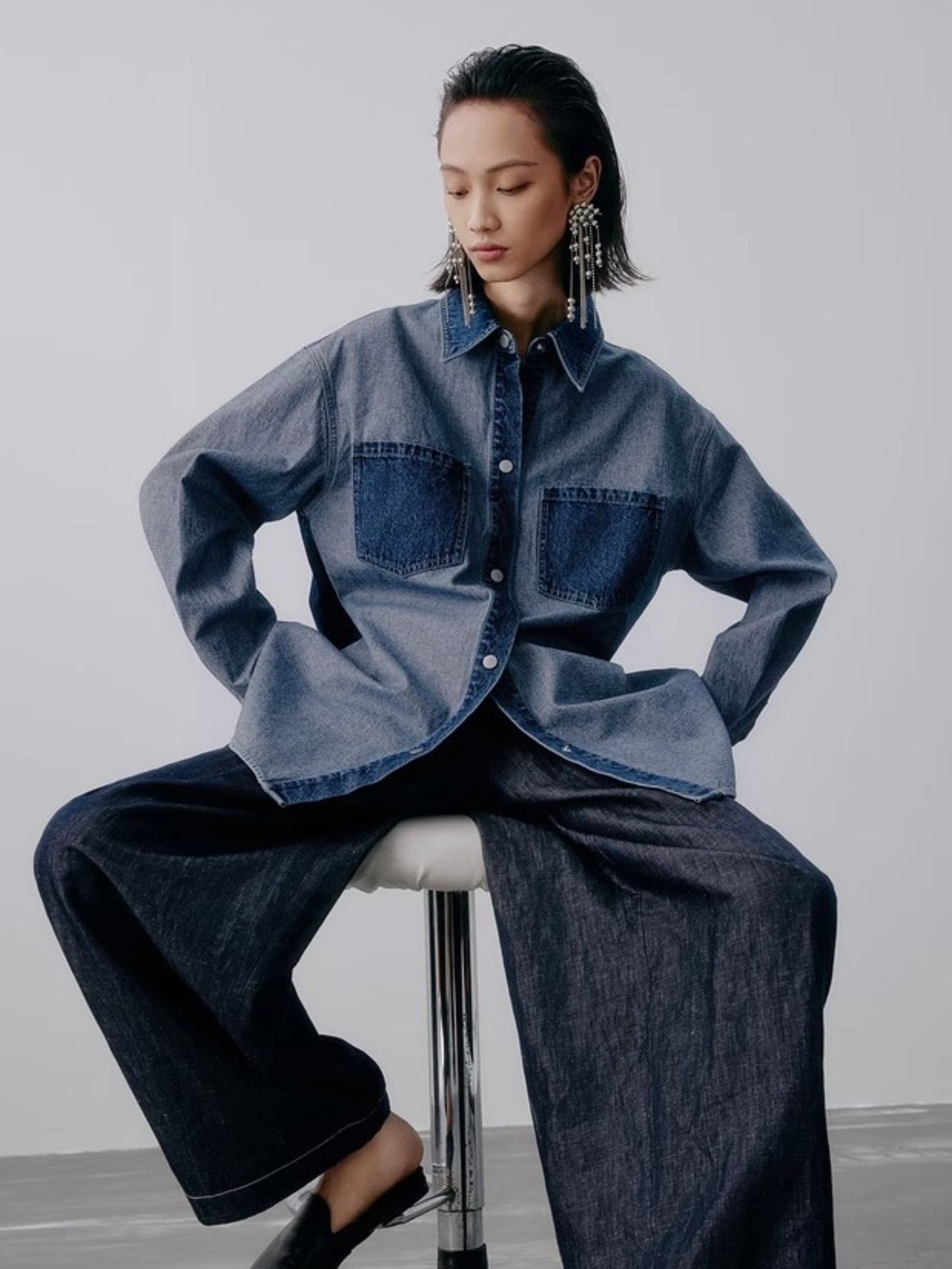 Dam Skjorta Färgblock Denim Lapptäcktsdesign-6