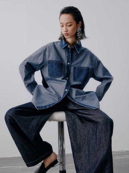 Dam Skjorta Färgblock Denim Lapptäcktsdesign-6